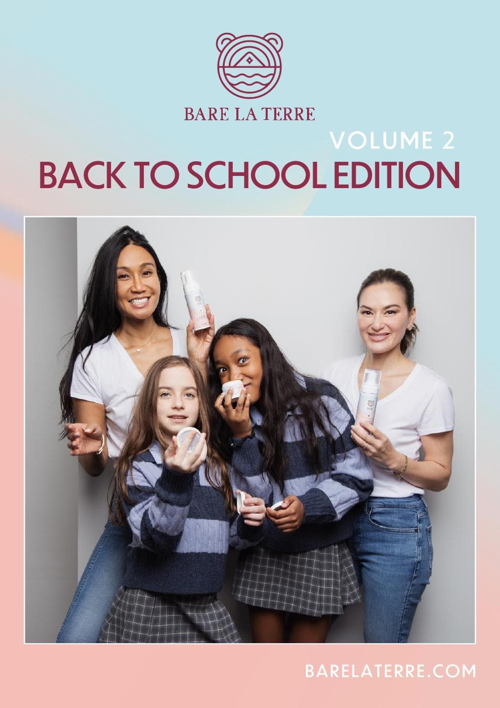 Cover of the Bare la Terre magazine, Volume 2: Back to School Edition, with two women and two girls in striped jumpers holding Bare la Terre products. Opens the online magazine