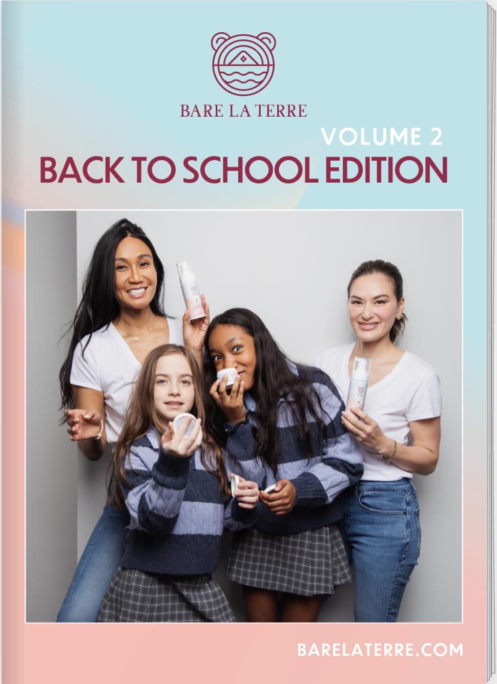 Cover of the Bare la Terre magazine, Volume 2 Back to School Edition: two women and two girls in striped jumpers and school skirts holding Bare la Terre products